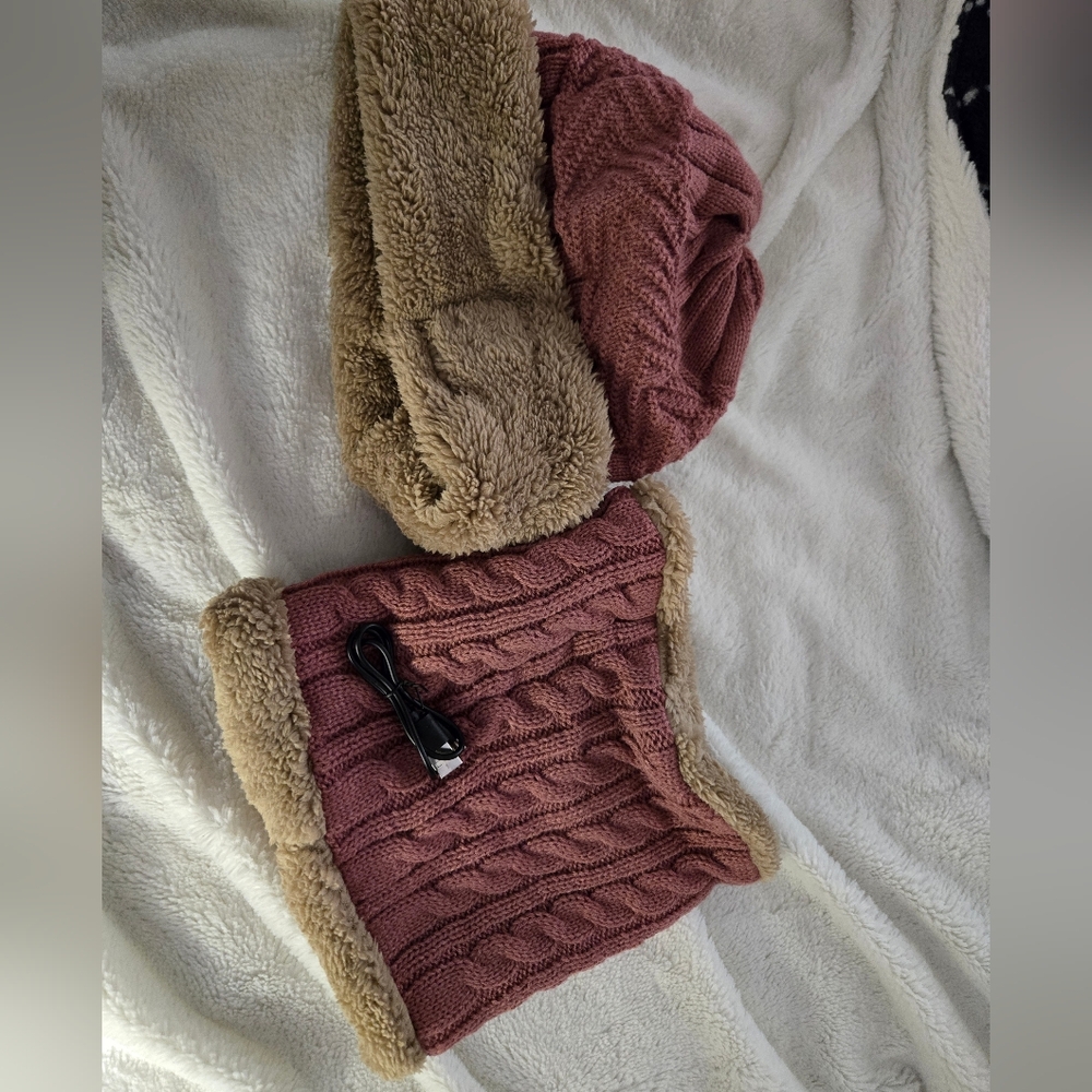 Cozy Pink and Tan Knit Hat and Scarf Set Built In Blue Tooth Headphones